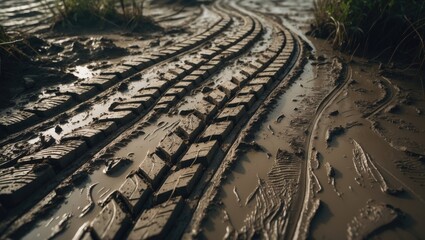 Aerial perspective of the texture on a wet muddy road featuring tractor tire tracks