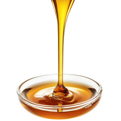 Malt extract dripping into a glass dish against a clean transparent background showcasing its rich golden color, malt extract on transparent background