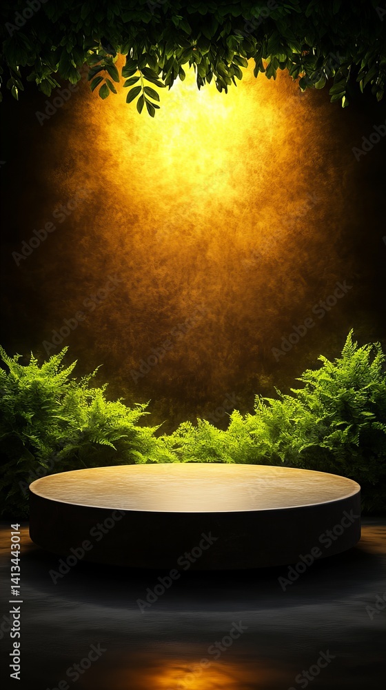 Poster illuminated round platform stands centered surrounded by green ferns and foliage against a dark brow