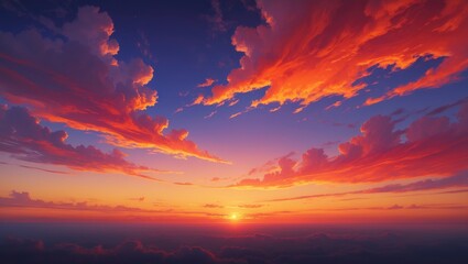 Fototapeta premium Radiant Fiery Sunset Sky Accompanied by Dramatic Cloud Structures
