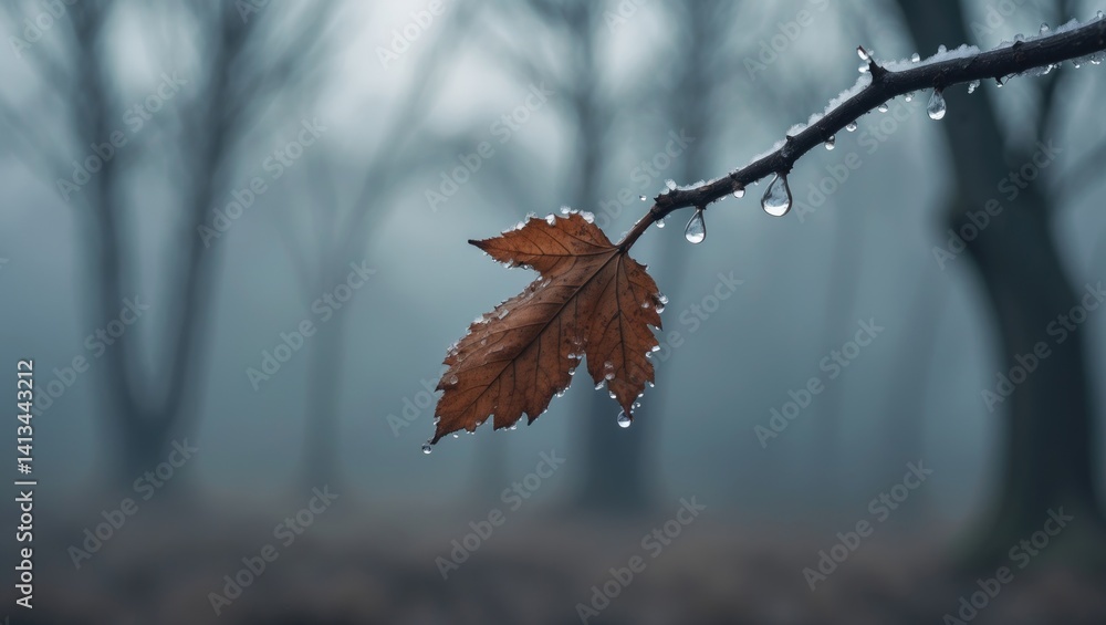 Aufkleber desolate leaf on a tree branch adorned with frost crystals. chilly winter conditions.