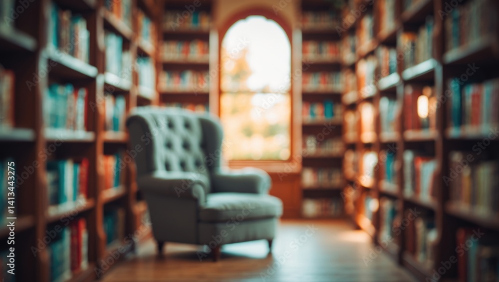 Poster blurred background of a comfortable reading corner featuring a soft armchair and a chic bookshelf pa