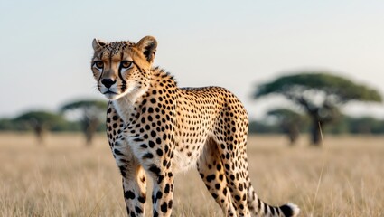 Obraz premium Close-up of a cheetah in the savanna, expertly hunting in the grasslands of the Kalahari.