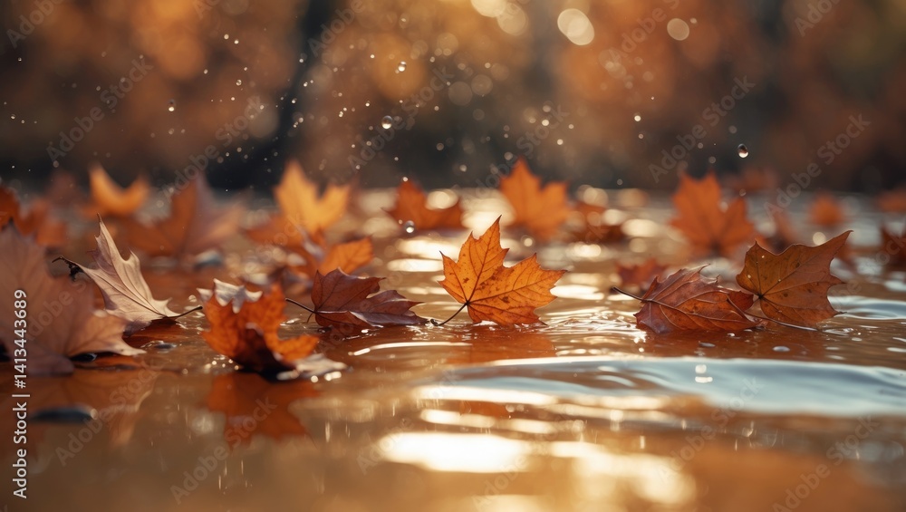 Poster autumn leaves in a fall backdrop. blurred clear water surface with splashes and bubbles.