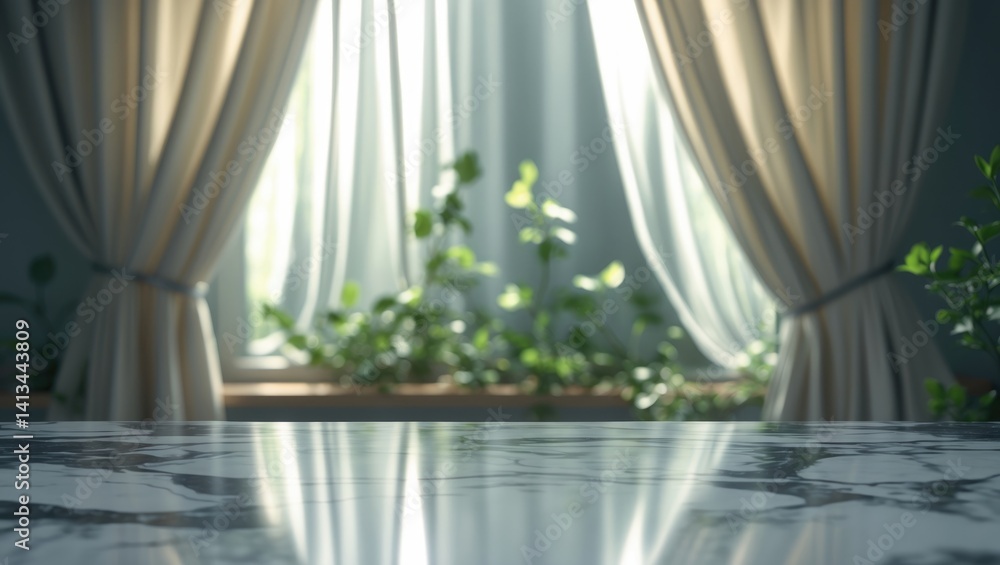 Poster focused view of marble on curtain with window backdrop, ample copy space