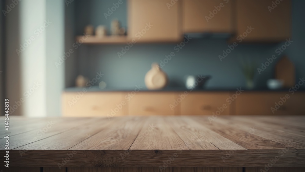 Poster wooden table without items and a hazy background for displaying products
