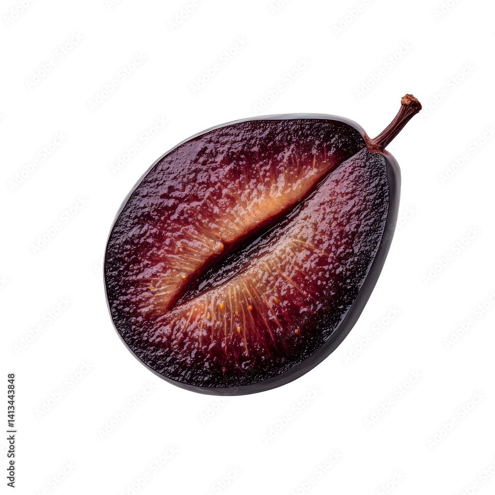 Poster freshly cut prune slice showcasing rich color and texture isolated on a clean transparent background