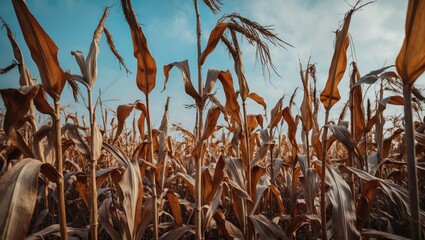 Corn stalks stand upright in a field, their dried leaves brown and withered, demonstrating the cycle of nature