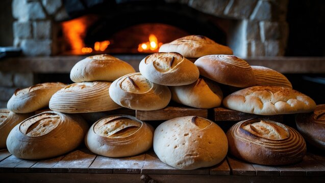 Pita bread freshly taken out of the oven. The process of making bread includes shaping the dough into rounds on a conveyor belt. The background shows a fire-lit oven. Bokeh, portrait style.