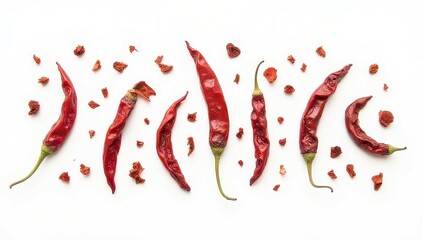 Dried Red Chili Peppers and Flakes on White Background