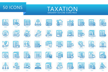 Taxation gradient outline icons set. Contain billing, tax, allocation, report, form, earning, deadline, document, alert, notice and more. vector for economy, business, UI, UX, web and app development.