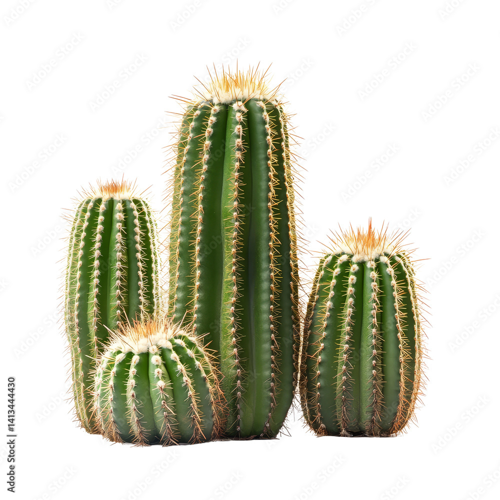 Poster healthy green cacti of various sizes arranged separately on a bright transparent background, multipl