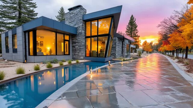 Sleek modern home with angular glass façade radiating minimalist elegance, winding geometric concrete driveway lined with solar-lit pavers cutting through manicured native grasses and reflecting pool