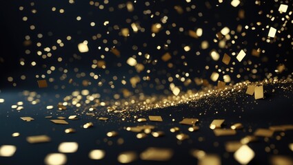 Gold confetti cascade on dark backdrop, shimmering effect overlay for event themes, festive or holiday ambiance with radiant glitter, celebratory background for gatherings