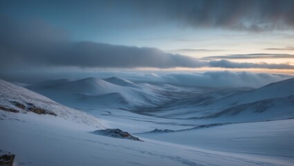 Wide Snowy Mountain Scenery with Calm Winter Atmosphere at Dusk