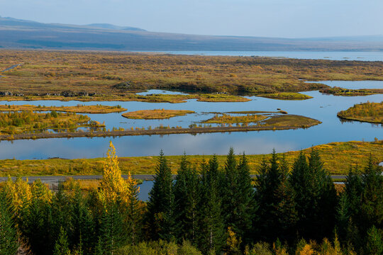 Thingvellir National Park, Iceland. Overlooking the meandering rivers in Thingvellir National Park.