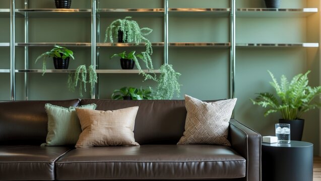 Current lounge space featuring a dark leather settee, decorative cushions, and modern storage.