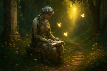Obraz premium Marble statue in ivy-covered garden with glowing butterflies and golden light. Dreamy and magical fantasy scene with nostalgic atmosphere.