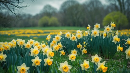 As spring arrives, colorful daffodils rise from the rich green grass, their bright blossoms bringing life to the awakening scenery.