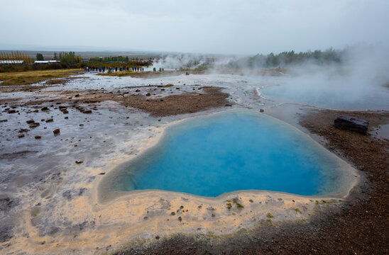 Haukadalur Valley, Iceland. Blue pools of geothermal water at the Strokkur geyser.