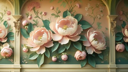 Antique golden worn wallpaper featuring baroque floral design