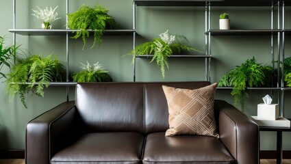 Modern living room with dark leather couch, decorative pillows, and contemporary shelving.