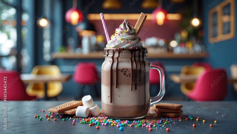 Poster scrumptious chocolate shake adorned with chocolate icing, biscuits, marshmallows, and candy within a