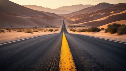 Fototapeta premium Deserted asphalt road with mountain scenery at sunset