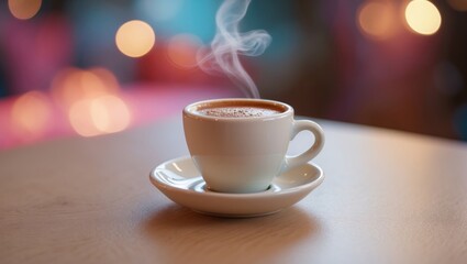 Espresso Coffee Mug on Wooden Table with Bokeh Light Backdrop, Relaxed Lifestyle Theme