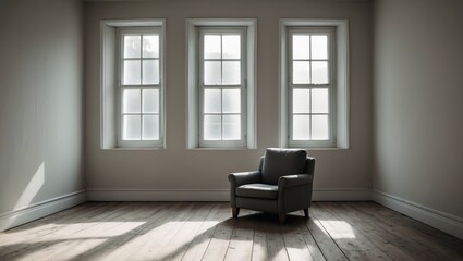 Vacant living room featuring an aged single sofa and four white aluminum windows on a wooden floor