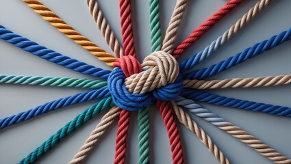 Unity and love partnership represented by ropes in the shape of a heart among diverse strings, symbolizing teamwork and togetherness.