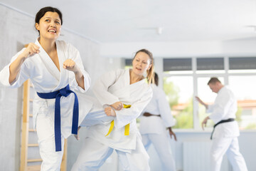 In gym, cosmopolite athletes work in pairs and learn to use classic karate techniques to repel an...