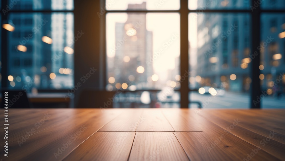 Aufkleber Empty wooden table with blurred office room and window view backdrop for product display montage or design visual layout.