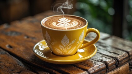 Fototapeta premium A bright yellow cup of steaming sweet mocha coffee featuring latte art on a saucer placed on a wooden table in a cafÃ©, with room for text