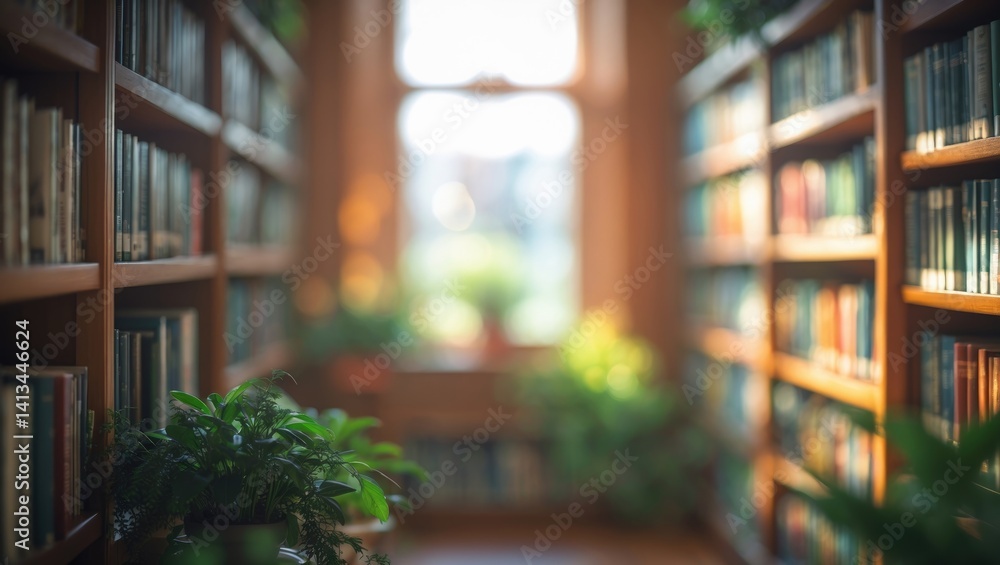 Aufkleber hazy scenery of a bright and inviting library with wooden shelves brimming with books, greenery in p