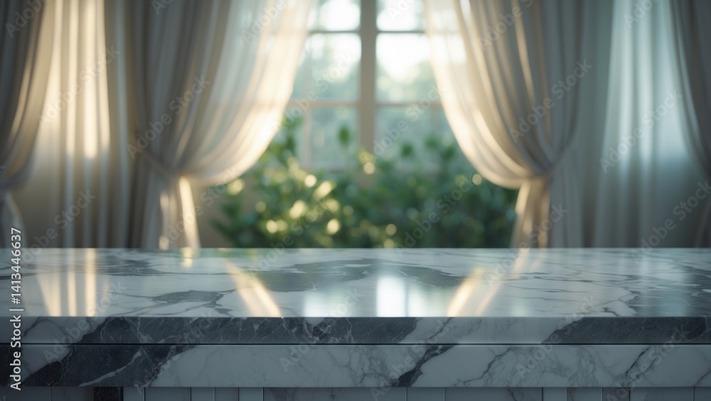 Aufkleber curtain backdrop with marble display in focus, featuring window and copy space