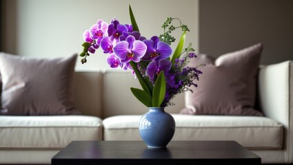 Focused view of flower vase decoration in living room with sofa pillows
