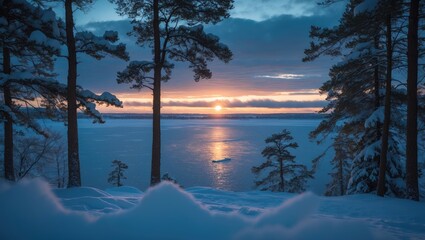 Perspective of the icy ocean seen through pine tree branches
