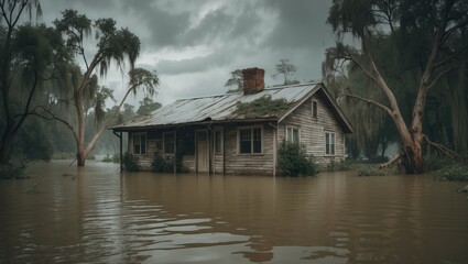 Fototapeta premium Residence in floodwaters. Classic wooden house with water reaching the windows. Perfect for insurance or disaster.