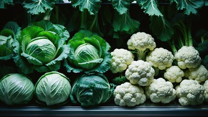 Display of fresh cabbage, cauliflower, broccoli, and broccoflower in a greengrocery.