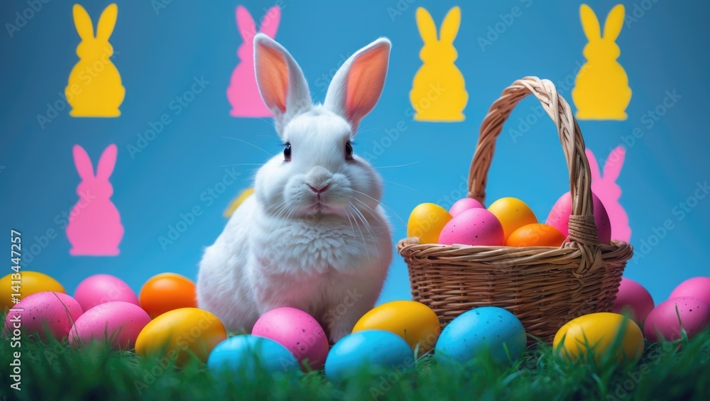 Fototapete digital collage featuring joyful text alongside a rabbit with a basket set against a patterned backg
