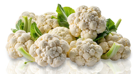 A beautiful heap of fresh organic cauliflower with green leaves closeup with transparent shadow and transparent reflection on transparent background  png