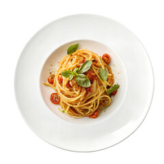 Spaghetti with tomato sauce, fresh basil, and halved tomatoes on a white plate, Isolated on a transparent background, PNG.