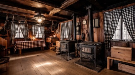 Traditional Quebecois sugar shack with maple wood paneling, iron wood stoves, and checkered curtains.