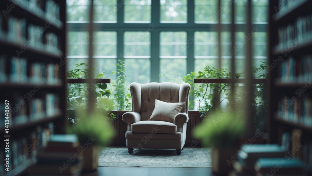 Aufkleber blurred background of a comfortable reading corner enclosed by books and lush greenery for a peacefu