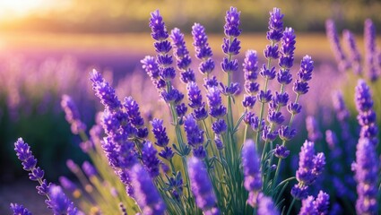 Lavender floral background showcasing lovely purple shades and bokeh effects. Field of blooming lavender during sunset. Close-up shot.