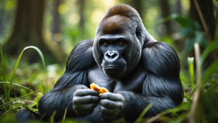 Obraz premium Wildlife portrait of a Gorilla in the forest. Close-up of a primate's head showcasing beautiful eyes. Nature wildlife scene. Mountain gorilla monkey.