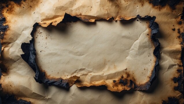 Aged, wrinkled, and stained paper with charred and burnt edges. Empty space available for text or images.