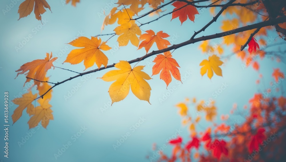Poster autumn branches adorned with red and orange leaves set against the sky. shallow depth of field. vibr