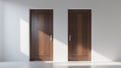 Isolated on white, two wooden doors in brown walnut style for modern house entryway